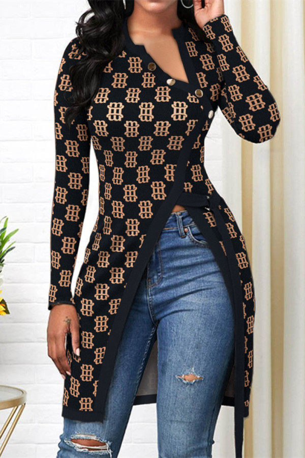 Black Fashion Casual Print Patchwork Slit Oblique Collar Tops