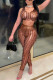 Coffee Sexy Solid Hollowed Out Sequins Patchwork U Neck Sleeveless Two Pieces