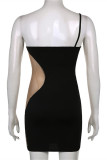 Black Sexy Patchwork See-through Backless Spaghetti Strap Sleeveless Dress