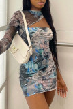 Colour Sexy Print Patchwork Asymmetrical O Neck Dresses