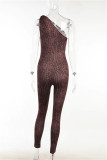 Dark Brown Fashion Sexy Print Hollowed Out Backless One Shoulder Skinny Jumpsuits
