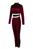 Red Fashion Sexy Patchwork Hot Drilling See-through Turtleneck Skinny Jumpsuits