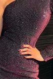 Dark Purple Sexy Solid Hollowed Out Patchwork Oblique Collar Dresses