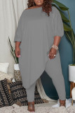 Grey Fashion Casual Solid Asymmetrical Oblique Collar Plus Size Two Pieces