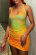 Orange Fashion Sexy Print Draw String Backless Halter Sleeveless Dress