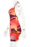 Tangerine Sexy Print Patchwork Backless Halter Pencil Skirt Dresses