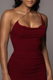 Burgundy Sexy Solid Split Joint Fold Spaghetti Strap Sleeveless Two Pieces