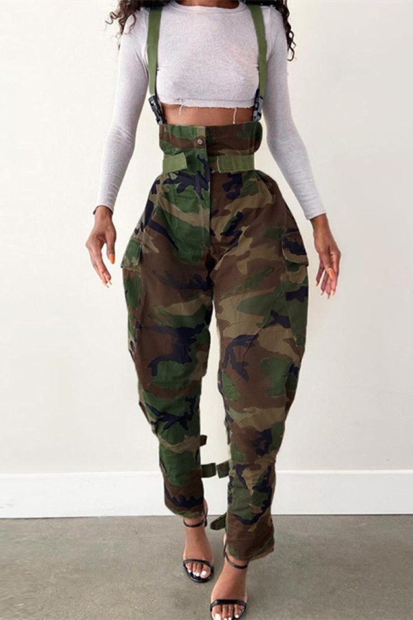 Green Fashion Casual Camouflage Print Patchwork Regular Strap Jumpsuits