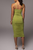 Green Sexy Solid Split Joint Fold Spaghetti Strap One Step Skirt Dresses