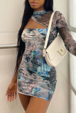 Colour Sexy Print Patchwork Asymmetrical O Neck Dresses