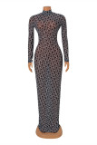 Black Fashion Sexy Print Frenulum Backless Turtleneck Long Sleeve Dresses