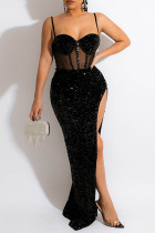 Black Sexy Patchwork See-through Backless Slit Spaghetti Strap Evening Dress