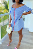Blue Fashion Casual Striped Print Patchwork Off the Shoulder Sleeveless Dress