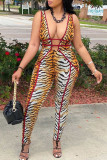 Yellow Brown Sexy Print Split Joint Backless V Neck Regular Jumpsuits