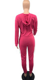 Rose Red Casual Solid Hollowed Out Patchwork Chains Hooded Collar Long Sleeve Two Pieces