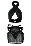 Black Sexy Hot Drilling Mesh Halter Sleeveless Two Pieces