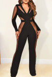 Black Sexy Solid Hollowed Out Patchwork See-through V Neck Boot Cut Jumpsuits
