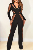 Black Sexy Solid Hollowed Out Split Joint See-through V Neck Boot Cut Jumpsuits