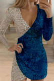 Red Sexy Solid Sequins Patchwork Asymmetrical V Neck One Step Skirt Dresses