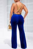Blue Sexy Solid Patchwork Chains Backless Spaghetti Strap Straight Jumpsuits