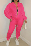 Rose Red Casual Solid Hollowed Out Patchwork Chains Hooded Collar Long Sleeve Two Pieces
