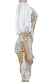 White Elegant Solid Sequins Patchwork Square Collar One Step Skirt Dresses