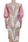 Pink Elegant Solid Sequins Patchwork Square Collar One Step Skirt Dresses