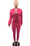 Rose Red Casual Solid Hollowed Out Patchwork Chains Hooded Collar Long Sleeve Two Pieces