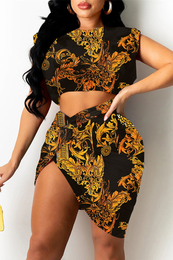 Black Gold Fashion Sexy Print Asymmetrical O Neck Sleeveless Two Pieces