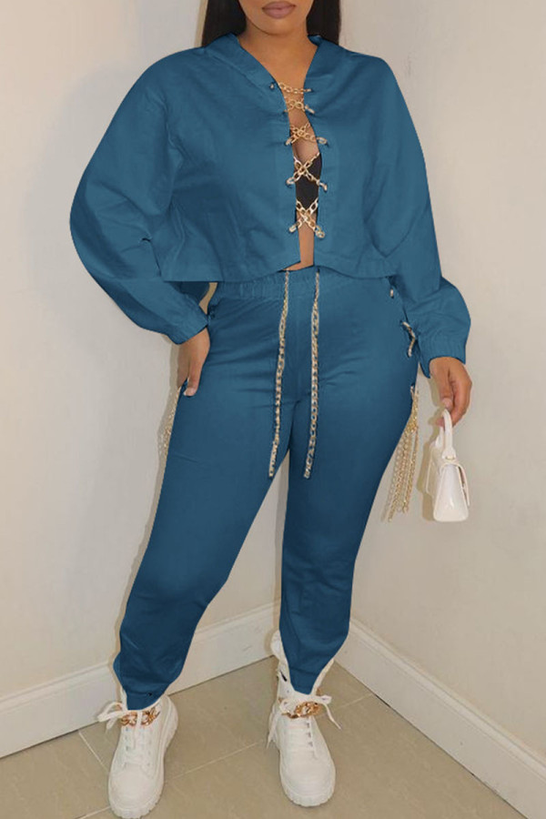 Blue Casual Solid Hollowed Out Patchwork Chains Hooded Collar Long Sleeve Two Pieces