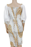 White Elegant Solid Sequins Patchwork Square Collar One Step Skirt Dresses