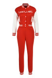 Red Fashion Casual Letter Print Patchwork Long Sleeve Two Pieces