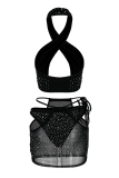 Black Sexy Hot Drilling Mesh Halter Sleeveless Two Pieces