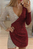 Red Sexy Solid Sequins Patchwork Asymmetrical V Neck One Step Skirt Dresses