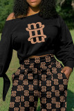 Black Casual Print Bandage Patchwork O Neck Long Sleeve Two Pieces