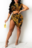 Multicolor Fashion Sexy Print Asymmetrical O Neck Sleeveless Two Pieces