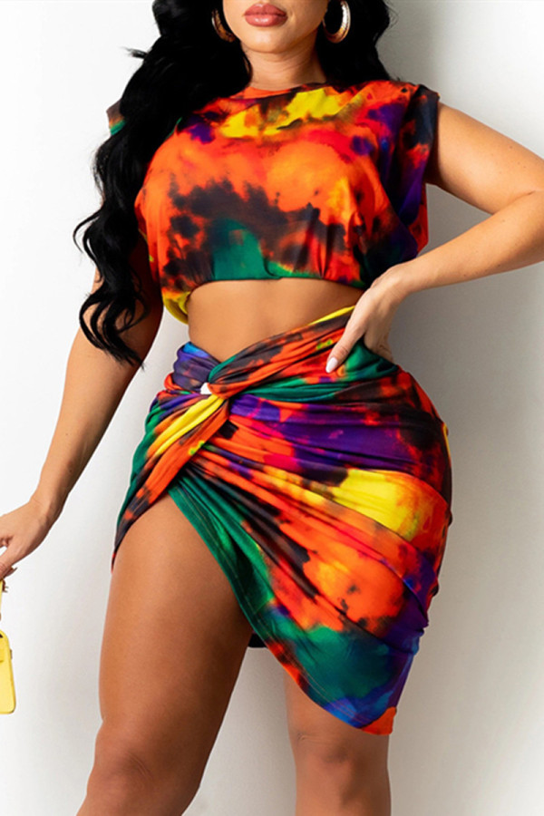 Multicolor Fashion Sexy Print Asymmetrical O Neck Sleeveless Two Pieces