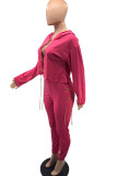 Rose Red Casual Solid Hollowed Out Patchwork Chains Hooded Collar Long Sleeve Two Pieces