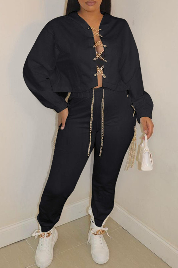 Black Casual Solid Hollowed Out Patchwork Chains Hooded Collar Long Sleeve Two Pieces