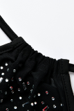 Black Sexy Hot Drilling Mesh Halter Sleeveless Two Pieces