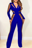 Red Sexy Solid Hollowed Out Patchwork See-through V Neck Boot Cut Jumpsuits