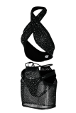 Black Sexy Hot Drilling Mesh Halter Sleeveless Two Pieces