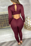 Brownness Sexy Solid Hollowed Out Split Joint V Neck Regular Jumpsuits