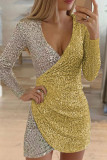 Red Sexy Solid Sequins Patchwork Asymmetrical V Neck One Step Skirt Dresses