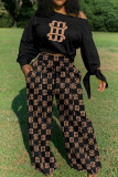 Black Casual Print Bandage Patchwork O Neck Long Sleeve Two Pieces