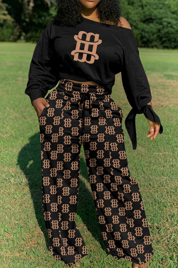 Black Casual Print Bandage Patchwork O Neck Long Sleeve Two Pieces