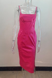 Red Sexy Solid Patchwork Slit Spaghetti Strap Sling Dress Dresses