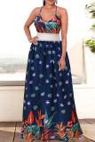 Navy Blue Sexy Print Patchwork Spaghetti Strap A Line Dresses