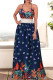 Navy Blue Sexy Print Patchwork Spaghetti Strap A Line Dresses