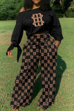Black Casual Print Bandage Patchwork O Neck Long Sleeve Two Pieces